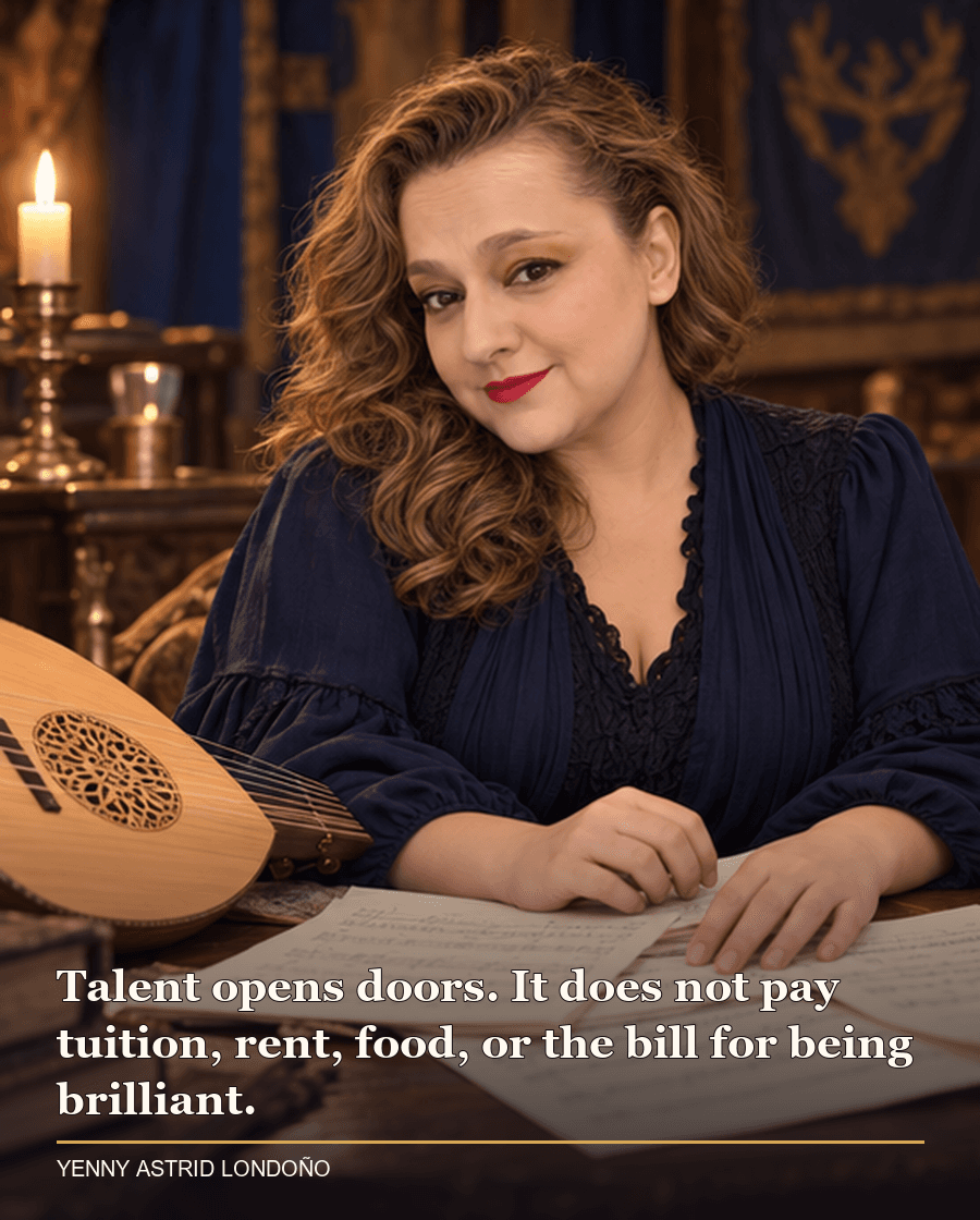 Image from Yenny Astrid Londoño’s review of “The Name of the Wind”. Yenny beside a lute resting on a table, with music pages spread in front of her. Text: Talent opens doors. It does not pay tuition, rent, food, or the bill for being brilliant.