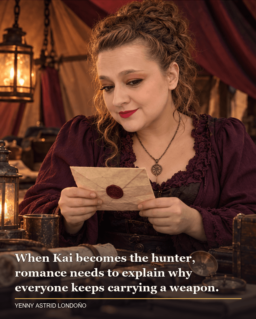 Image from Yenny Astrid Londoño’s review of “Reckless”. Yenny in a plum blouse reading a sealed letter beside travel supplies in a lantern-lit tent. Text: When Kai becomes the hunter, romance needs to explain why everyone keeps carrying a weapon.