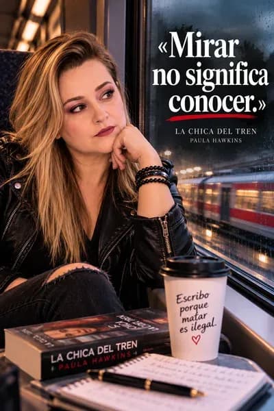 Yenny Astrid Londoño junto a la ventana de un tren con lluvia, con La chica del tren, de Paula Hawkins, sobre la mesa.