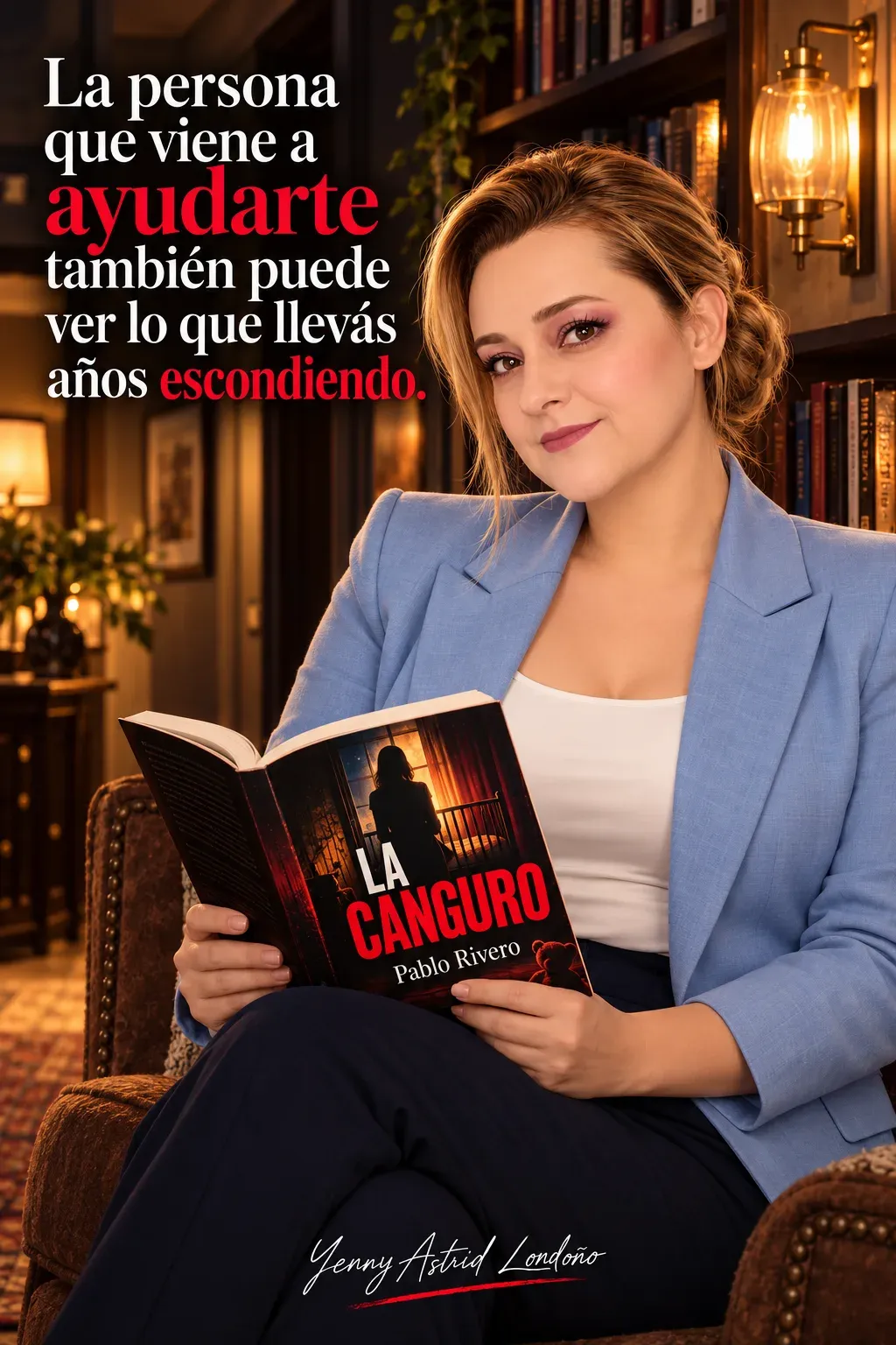Yenny con moño bajo y chaqueta azul claro, leyendo La canguro con ambas manos en un sillón de biblioteca; frase del libro sobre lo que se esconde.