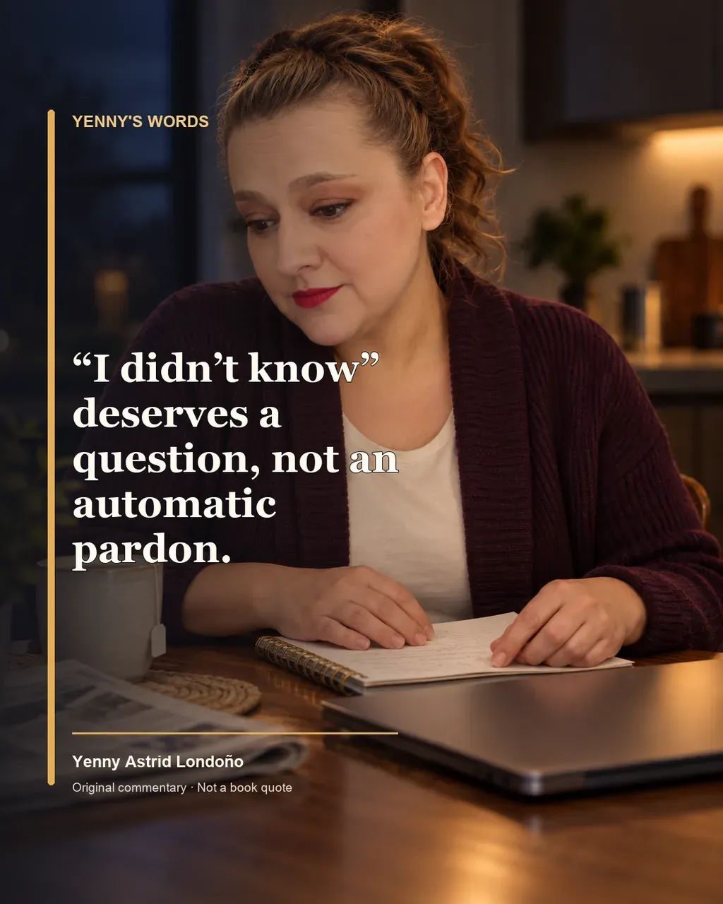 Image from Yenny Astrid Londoño’s review of “The Widow”. Illustration of The Widow, by Fiona Barton, with overlaid text: «“I didn’t know” deserves a question, not an automatic pardon.»