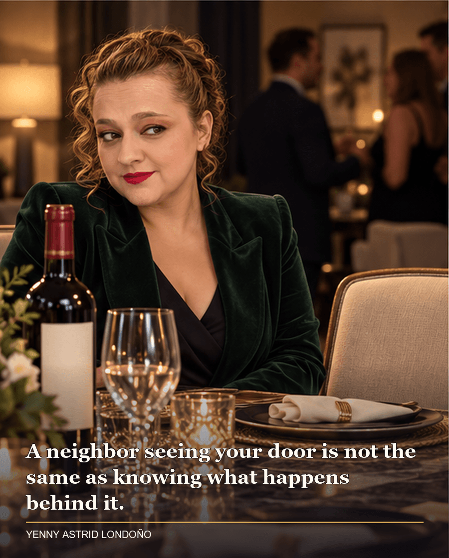 Image from Yenny Astrid Londoño’s review of “The Couple Next Door”. Yenny at a dinner party between neighbors, where polite conversation hides suspicion. Text: A neighbor seeing your door is not the same as knowing what happens behind it.