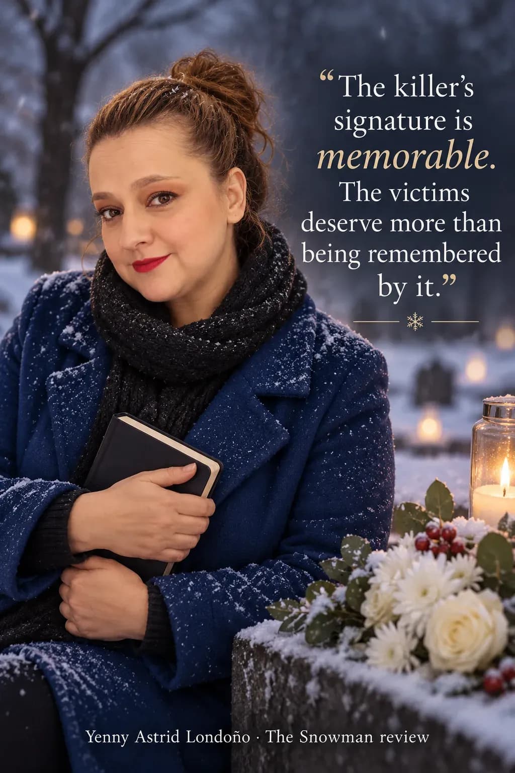 Image from Yenny Astrid Londoño’s review of “The Snowman”. Yenny in a blue coat holding a notebook beside winter memorial flowers. Text: The killer's signature is memorable. The victims deserve more than being remembered by it.