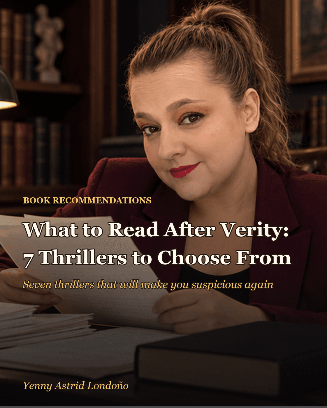 Cover image for “What to Read After *Verity*: Seven Thrillers That Will Make You Suspicious Again,” written by Yenny Astrid Londoño. Yenny opening a manuscript beside a key and a lamp in a Verity reading guide cover.