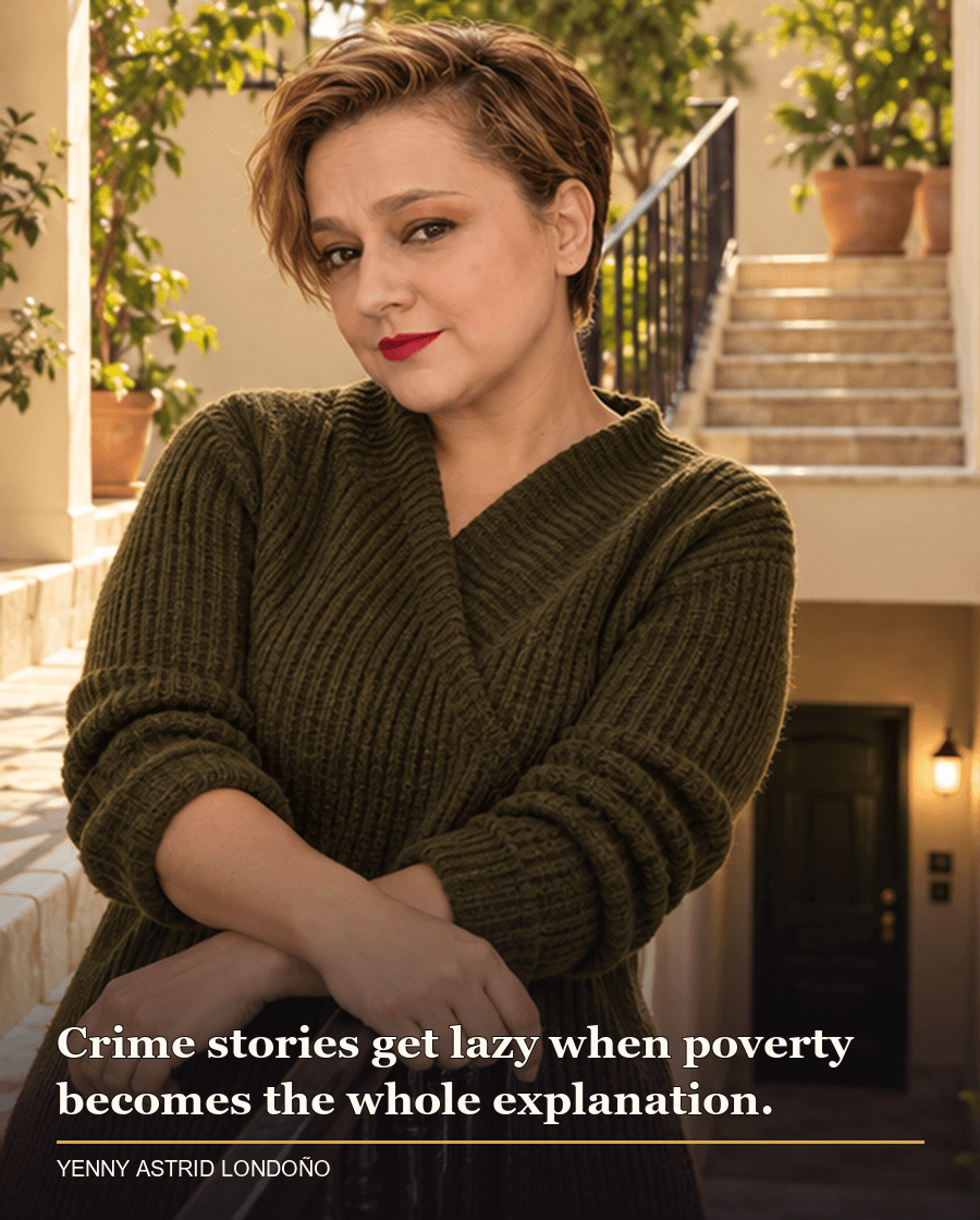 Image from Yenny Astrid Londoño’s review of “The Orphans”. Yenny in olive knitwear in a luxury villa corridor near a discreet service stair and closed basement door. Text: Crime stories get lazy when poverty becomes the whole explanation.