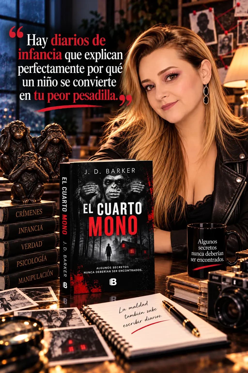 Yenny Astrid Londoño con una chaqueta de cuero, junto a El cuarto mono, de J. D. Barker, estatuillas de tres monos y un cuaderno, con un texto superpuesto en la imagen.