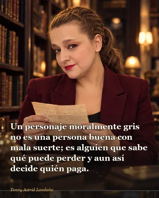 Imagen del artículo «Libros donde nadie es buena persona y por eso uno no puede dejar de mirar», escrito por Yenny Astrid Londoño. Yenny Astrid Londoño con un tablero de fichas de personajes y una novela abierta; escena editorial de análisis de