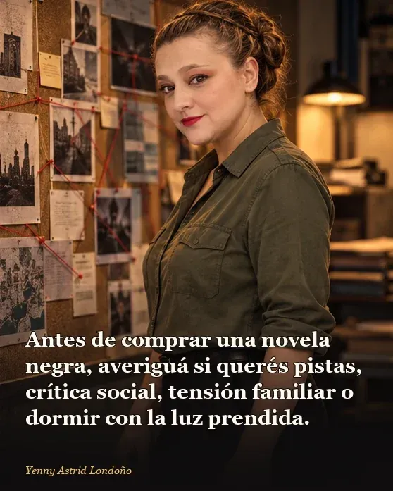 Imagen del artículo «Mejores novelas negras para empezar: ocho crímenes y ninguna promesa de que vas a dormir tranquila», escrito por Yenny Astrid Londoño. Yenny mira tres libros junto a un tablero de pistas en una oficina nocturna; frase: “Antes de comprar una novela negra