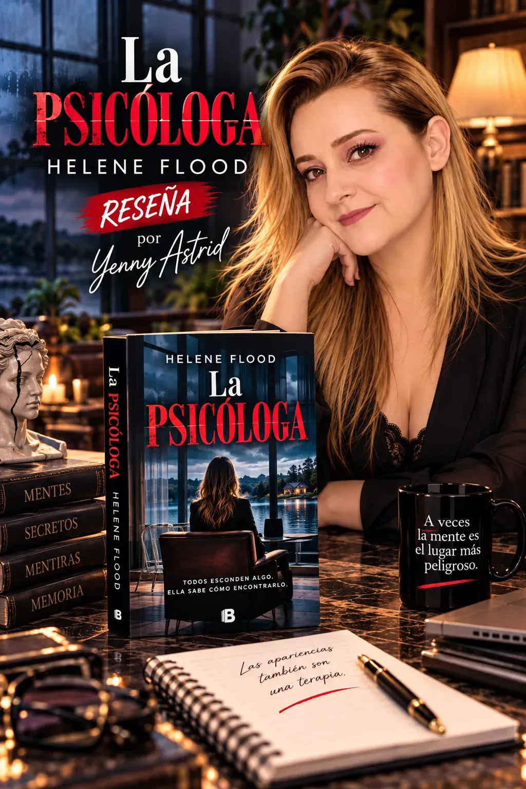 Yenny Astrid Londoño apoyando la cara en la mano, con La psicóloga, de Helene Flood, sobre una mesa con libros, una taza y un cuaderno, con el título de la reseña superpuesto en la imagen.