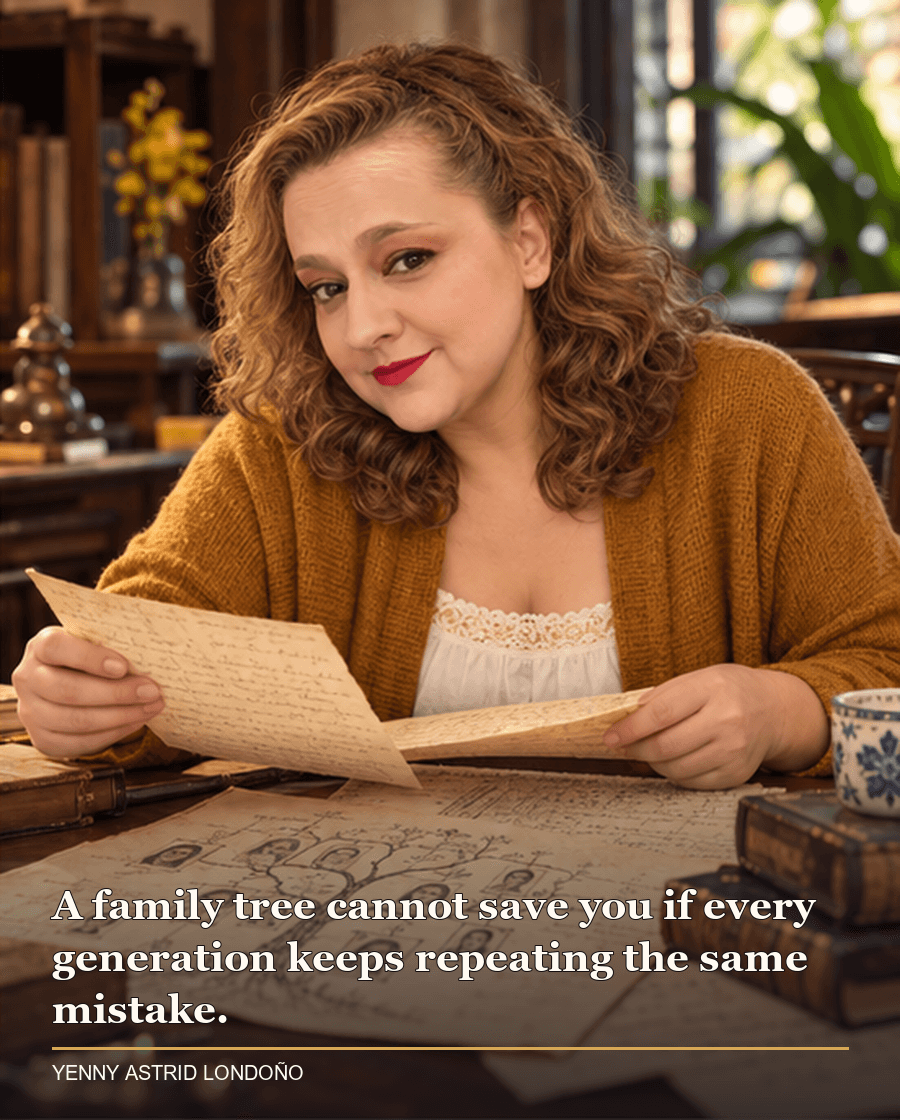 Image from Yenny Astrid Londoño’s review of “One Hundred Years of Solitude”. Yenny reviewing the Buendía family genealogy at a desk. Text: A family tree cannot save you if every generation keeps repeating the same mistake.
