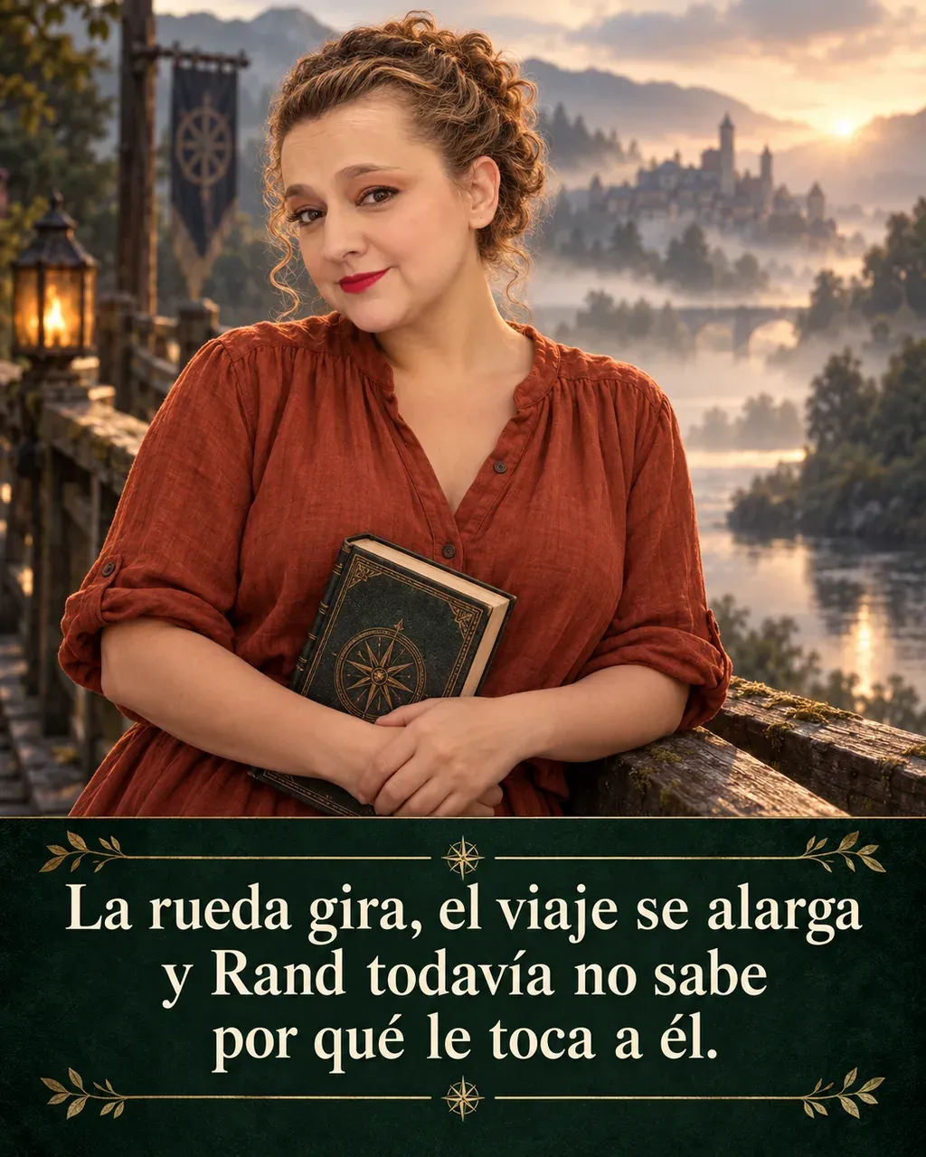 Imagen de la reseña del libro «El ojo del mundo», escrita por Yenny Astrid Londoño. Ilustración de El ojo del mundo, de Robert Jordan, con un texto superpuesto: «La rueda gira, el viaje se alarga y Rand todavía no sabe por qué le toca a él».