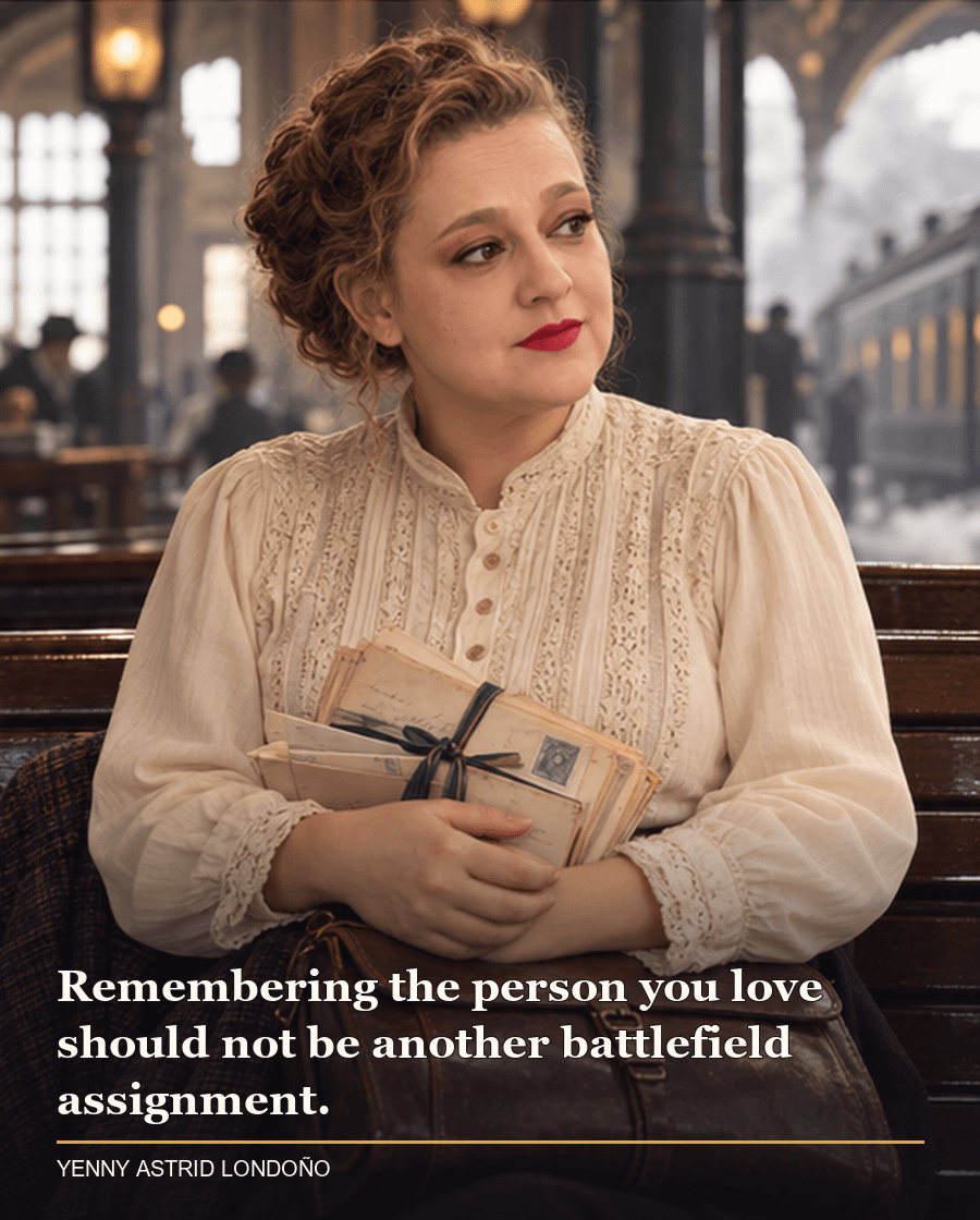 Image from Yenny Astrid Londoño’s review of “Ruthless Vows”. Yenny in a cream blouse at a station waiting room holding letters beside a leather satchel. Text: Remembering the person you love should not be another battlefield assignment.