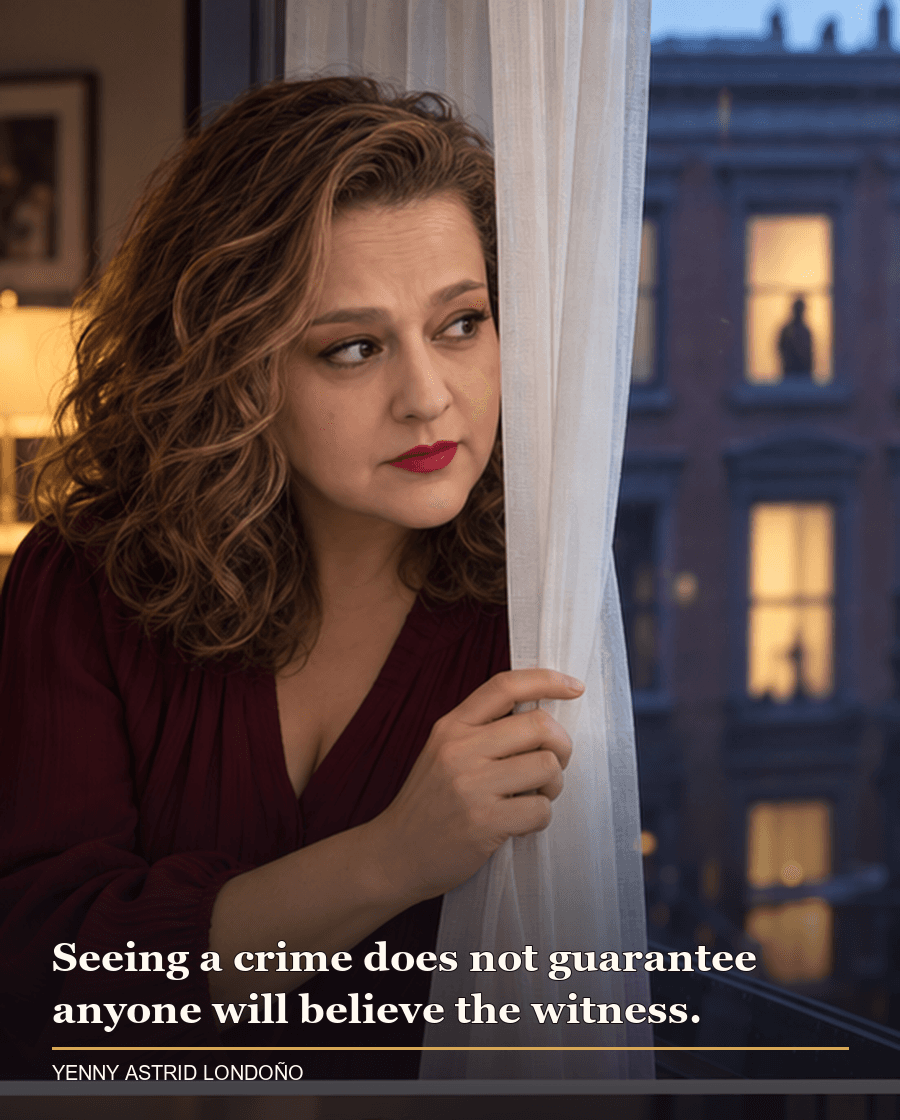 Image from Yenny Astrid Londoño’s review of “The Woman in the Window”. Yenny looking through sheer curtains toward a blurred townhouse. Text: Seeing a crime does not guarantee anyone will believe the witness.