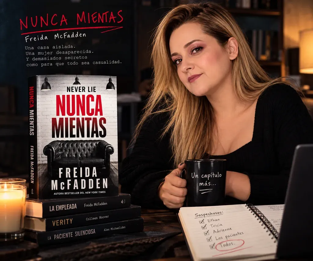 Yenny Astrid Londoño con Nunca mientas, de Freida McFadden, junto a una taza y un cuaderno de sospechosos.