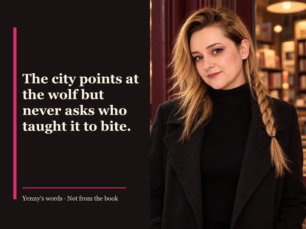 Image from Yenny Astrid Londoño’s review of “The Hour of the Wolves”. Illustration of The Hour of the Wolves, by Mario Mendoza, with overlaid text: «The city points at the wolf but never asks who taught it to bite.»