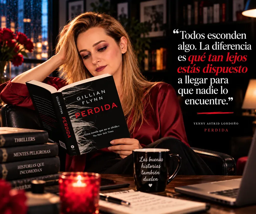 Yenny Astrid Londoño leyendo Perdida, de Gillian Flynn, en un sillón junto a unas rosas rojas, una taza y una vela, con un texto superpuesto en la imagen.