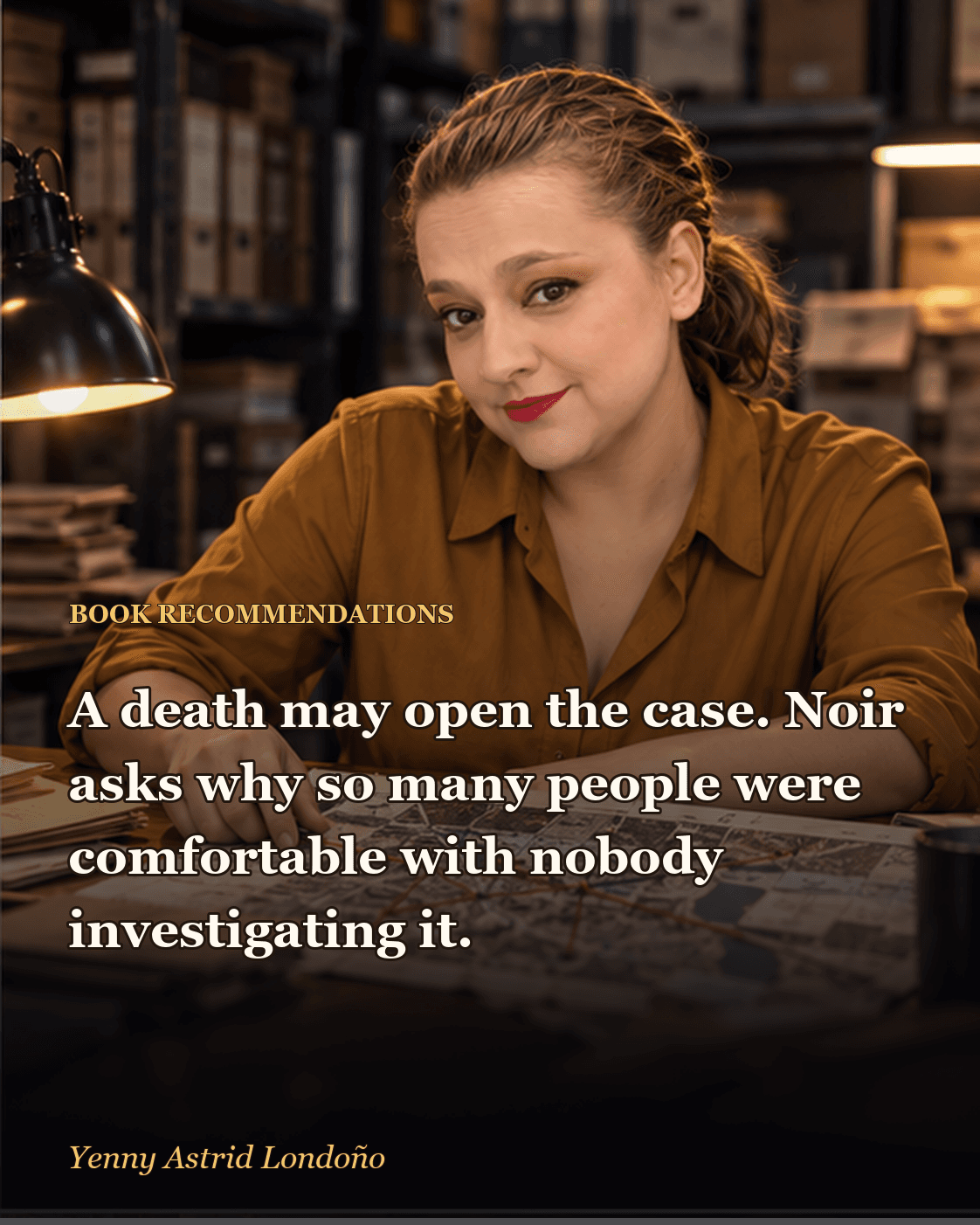 Image from “Best Noir Novels for Beginners: Eight Crimes and No Promise You Will Sleep Peacefully,” written by Yenny Astrid Londoño. Yenny studying a relationship map and an open criminal case file.