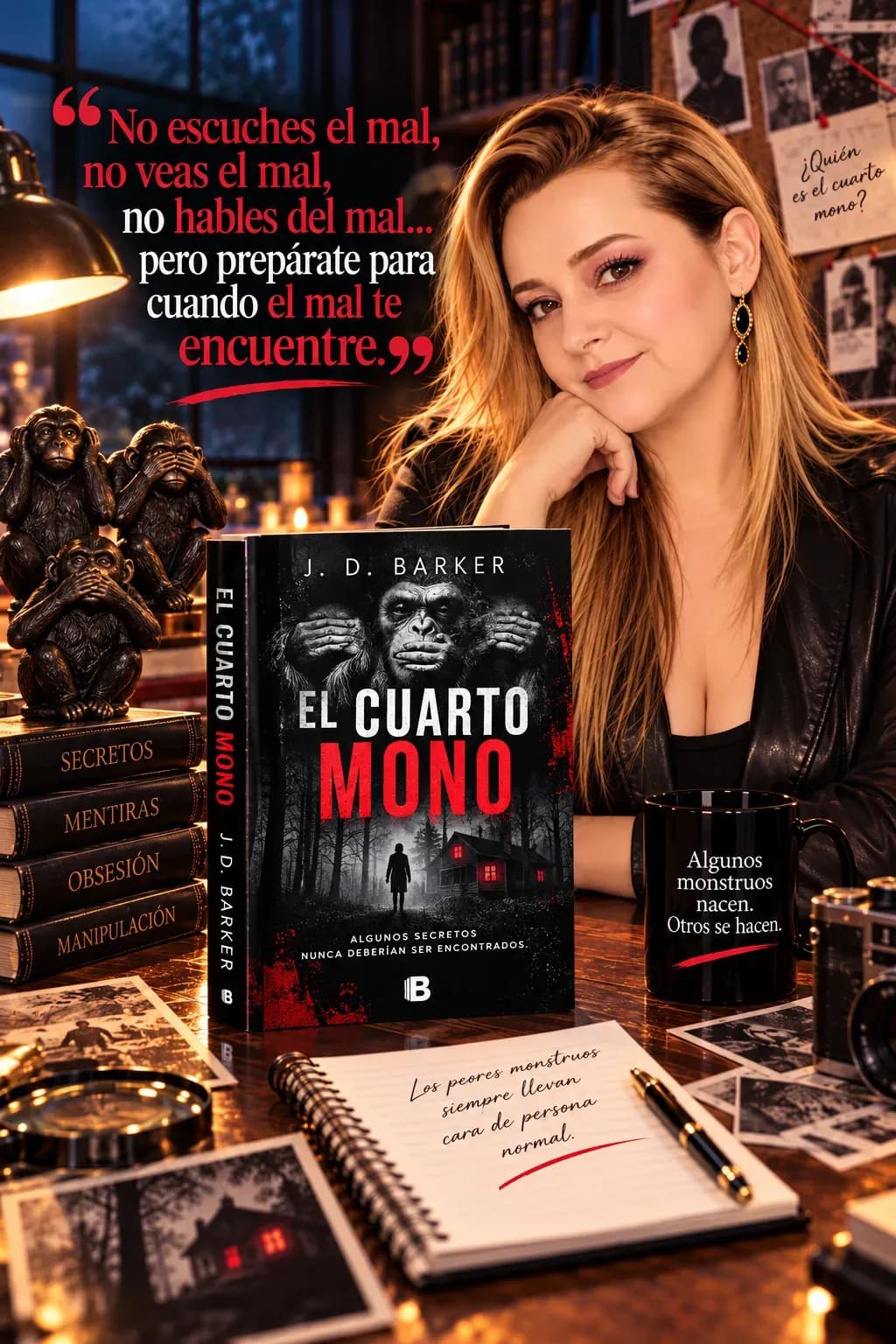 Yenny Astrid Londoño con chaqueta de cuero, apoyando la cara en la mano, junto a El cuarto mono, de J. D. Barker, y estatuillas de tres monos, con un texto superpuesto en la imagen.