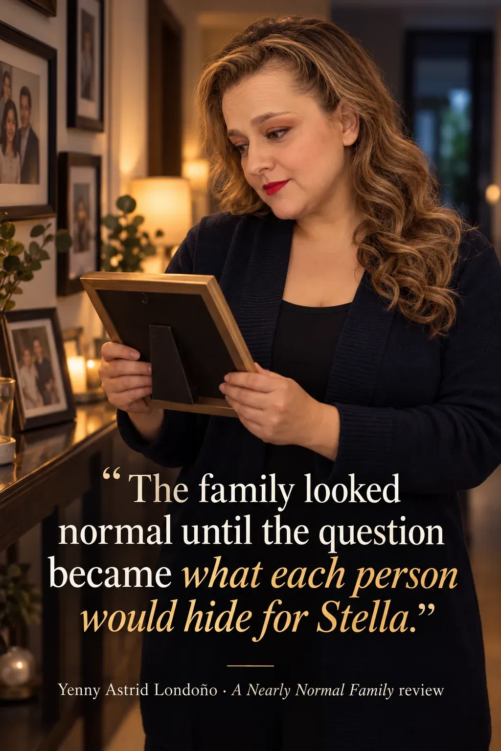 Image from Yenny Astrid Londoño’s review of “A Nearly Normal Family”. Yenny in a navy cardigan looking at a framed family photograph. Text: The family looked normal until the question became what each person would hide for Stella.