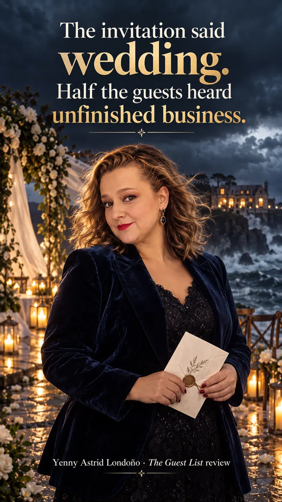 Image from Yenny Astrid Londoño’s review of “The Guest List”. Yenny in a blue velvet jacket holding a wedding invitation by a stormy island. Text: The invitation said wedding. Half the guests heard unfinished business.