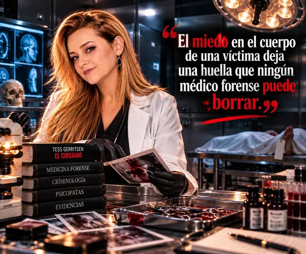 Yenny Astrid Londoño con una bata blanca y guantes negros, mirando una fotografía en una mesa de laboratorio, con un texto superpuesto en la imagen.