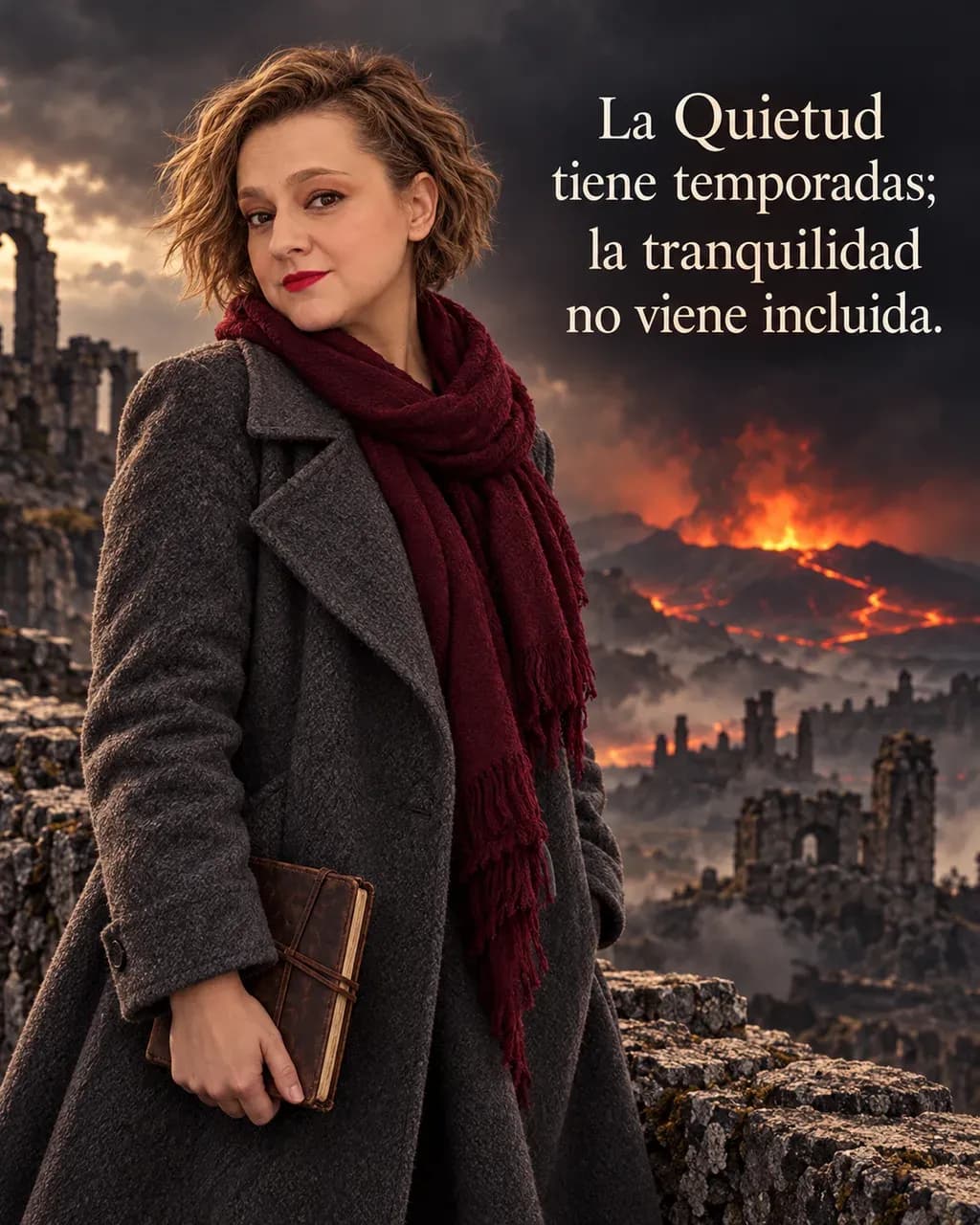Imagen de la reseña del libro «La quinta estación», escrita por Yenny Astrid Londoño. Ilustración de La quinta estación, de N. K. Jemisin, con un texto superpuesto: «La Quietud tiene temporadas; la tranquilidad no viene incluida».