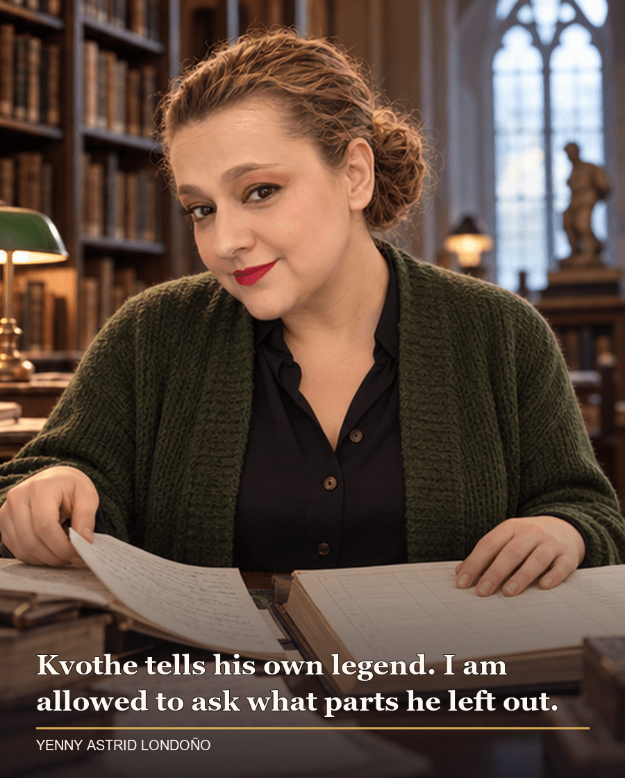 Image from Yenny Astrid Londoño’s review of “The Name of the Wind”. Yenny in a moss-green cardigan comparing handwritten notes with a university ledger. Text: Kvothe tells his own legend. I am allowed to ask what parts he left out.
