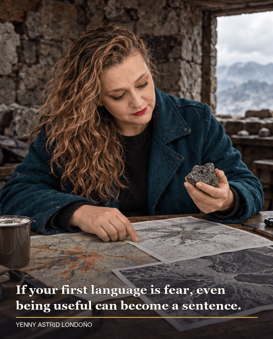 Image from Yenny Astrid Londoño’s review of “The Fifth Season”. Yenny in a teal coat in a stone shelter studying maps and a small piece of rock. Text: If your first language is fear, even being useful can become a sentence.