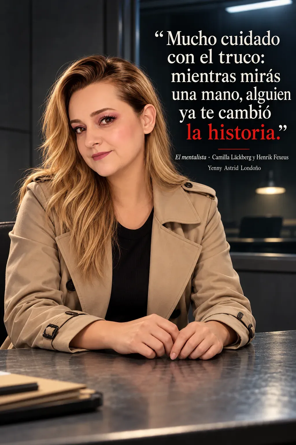 Yenny con gabardina beige sentada con ambas manos sobre la mesa de una sala de interrogatorio.