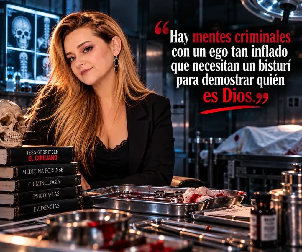 Yenny Astrid Londoño con una chaqueta negra frente a una mesa de laboratorio con instrumental quirúrgico, con un texto superpuesto en la imagen.
