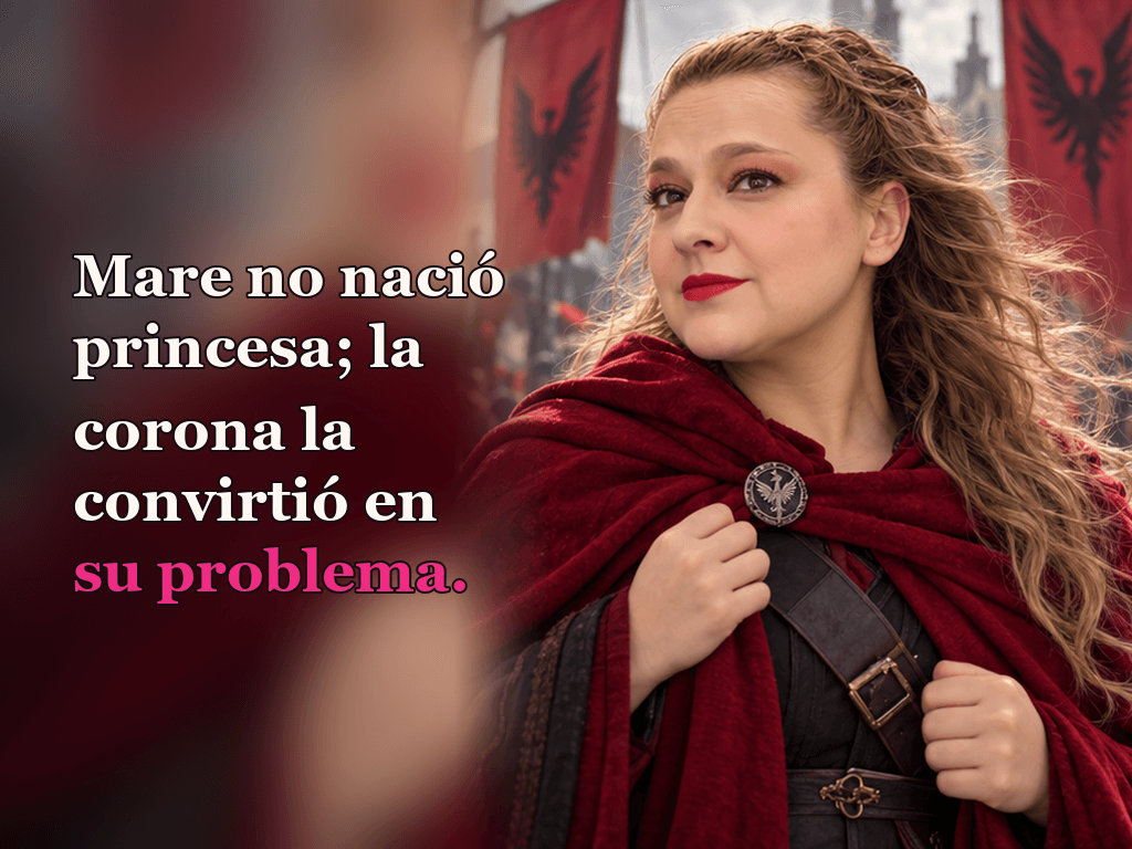 Imagen de la reseña del libro «La reina roja», escrita por Yenny Astrid Londoño. Ilustración de La reina roja, de Victoria Aveyard, con un texto superpuesto: «Mare no nació princesa; la corona la convirtió en su problema».