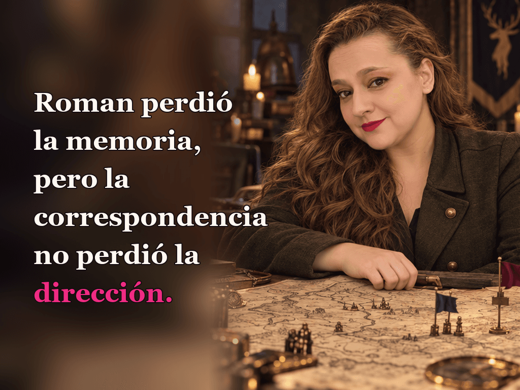 Imagen de la reseña del libro «Promesas crueles», escrita por Yenny Astrid Londoño. Ilustración de Promesas crueles, de Rebecca Ross, con un texto superpuesto: «Roman perdió la memoria, pero la correspondencia no perdió la dirección».