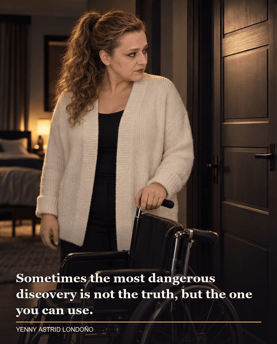 Image from Yenny Astrid Londoño’s review of “Verity”. Yenny in an ivory cardigan near an empty wheelchair and a closed bedroom door in a shadowy house. Text: Sometimes the most dangerous discovery is not the truth, but the one you can use.