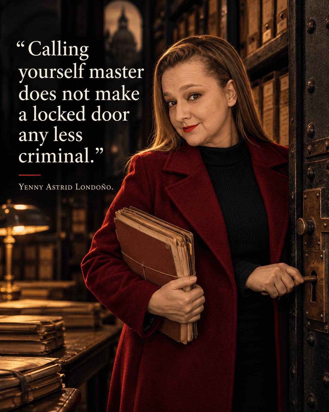 Image from Yenny Astrid Londoño’s review of “The Master”. Yenny in a Madrid archive with files and a locked door. Text: Calling yourself master doesn't make a locked door any less criminal.