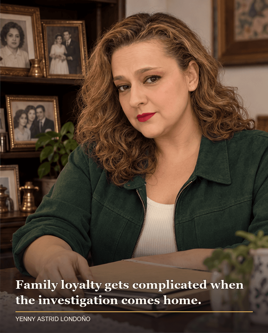 Image from Yenny Astrid Londoño’s review of “The Bad Daughter”. Yenny beside old family portraits and an investigation folder, reflecting on family loyalty. Text: Family loyalty gets complicated when the investigation comes home.