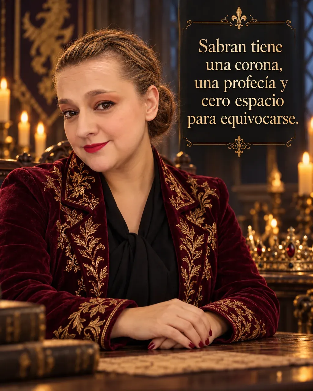 Imagen de la reseña del libro «El priorato del naranjo», escrita por Yenny Astrid Londoño. Ilustración de El priorato del naranjo, de Samantha Shannon, con un texto superpuesto: «Sabran tiene una corona, una profecía y cero espacio para equivocarse».