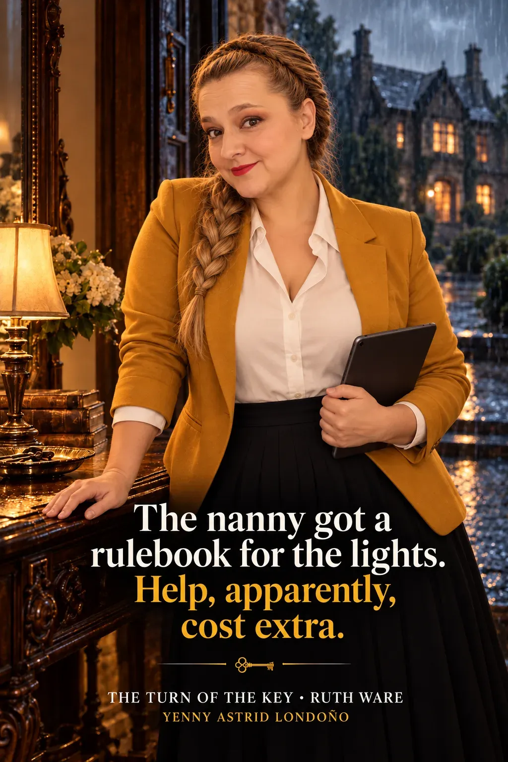 Image from Yenny Astrid Londoño’s review of “The Turn of the Key”. Yenny in a mustard jacket outside a lit house at night, beside her comment about the nanny’s rulebook. Text: The nanny got a rulebook for the lights. Help, apparently, cost extra.