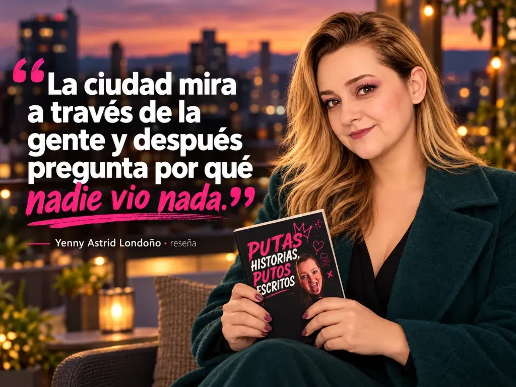 Imagen de la reseña del libro «Satanás», escrita por Yenny Astrid Londoño. Yenny Astrid Londoño en una imagen editorial con la frase del libro sobre La ciudad mira a través de la gente y después pregunta por qué nadie vio nada.