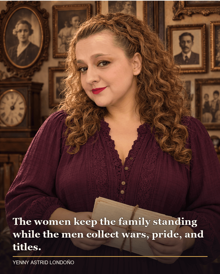 Image from Yenny Astrid Londoño’s review of “One Hundred Years of Solitude”. Yenny with old family portraits and manuscript pages in Macondo-inspired room. Text: The women keep the family standing while the men collect wars, pride, and titles.