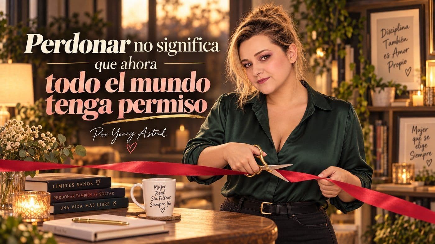 Portada del artículo «Perdonar no significa que ahora todo el mundo tenga permiso», escrito por Yenny Astrid Londoño. Yenny Astrid Londoño cortando una cinta roja, junto a la frase «Perdonar no significa que ahora todo el mundo tenga permiso»