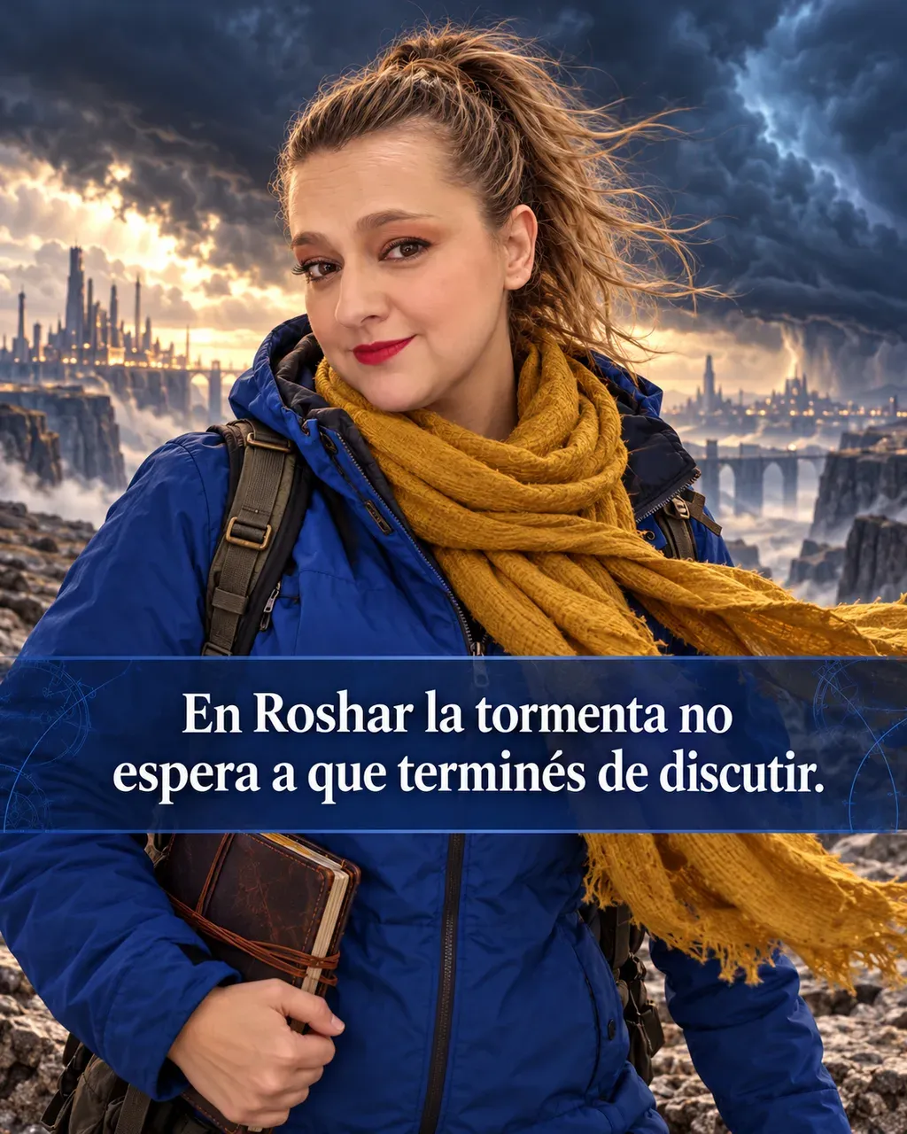 Imagen de la reseña del libro «El camino de los reyes», escrita por Yenny Astrid Londoño. Ilustración de El camino de los reyes, de Brandon Sanderson, con un texto superpuesto: «En Roshar la tormenta no espera a que terminés de discutir».
