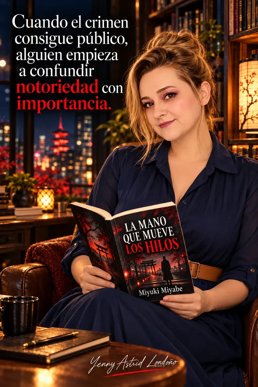 Yenny con recogido alto y vestido azul marino, leyendo La mano que mueve los hilos con ambas manos en un sillón; frase del libro sobre notoriedad e importancia.