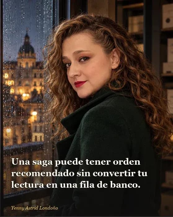 Imagen del artículo «Orden de los libros de Reina Roja: por dónde empezar sin convertirlo en tesis», escrito por Yenny Astrid Londoño. Yenny mira una fila de libros y aparta una pila demasiado alta; frase: “Una saga puede tener orden recomendado sin
