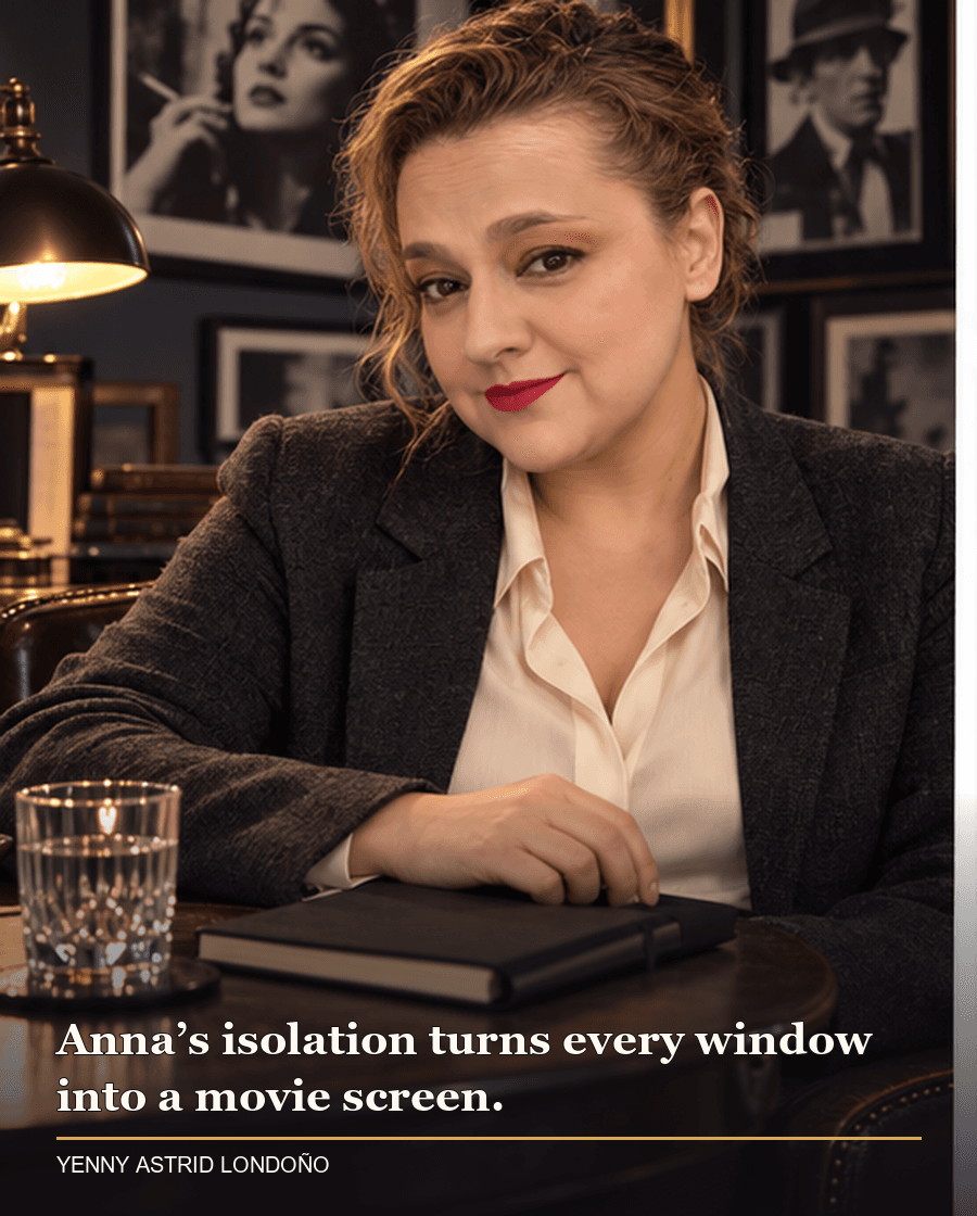 Image from Yenny Astrid Londoño’s review of “The Woman in the Window”. Yenny in a film-noir reading corner with a notebook and old movie stills. Text: Anna’s isolation turns every window into a movie screen.