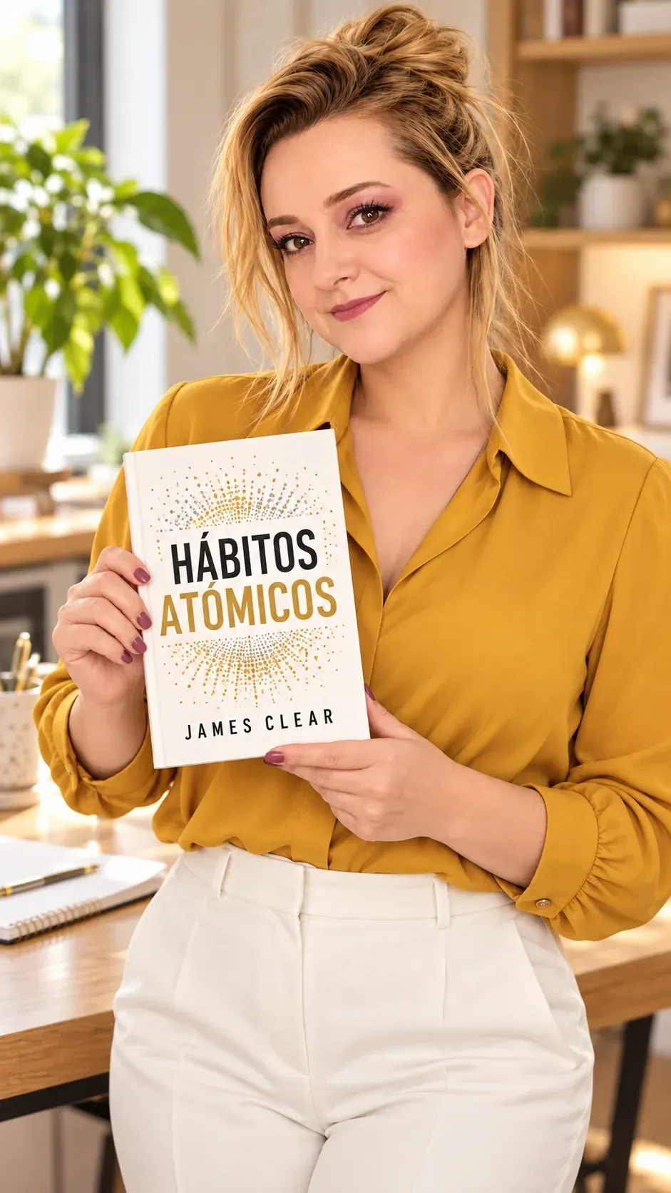 Portada de la reseña del libro «Hábitos atómicos», escrita por Yenny Astrid Londoño. Yenny Astrid Londoño en una escena editorial con un mockup artístico de Hábitos atómicos, de James Clear.