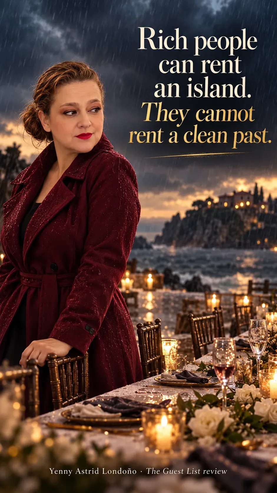 Image from Yenny Astrid Londoño’s review of “The Guest List”. Yenny in a burgundy coat beside an empty wedding table on a rainy terrace. Text: Rich people can rent an island. They cannot rent a clean past.