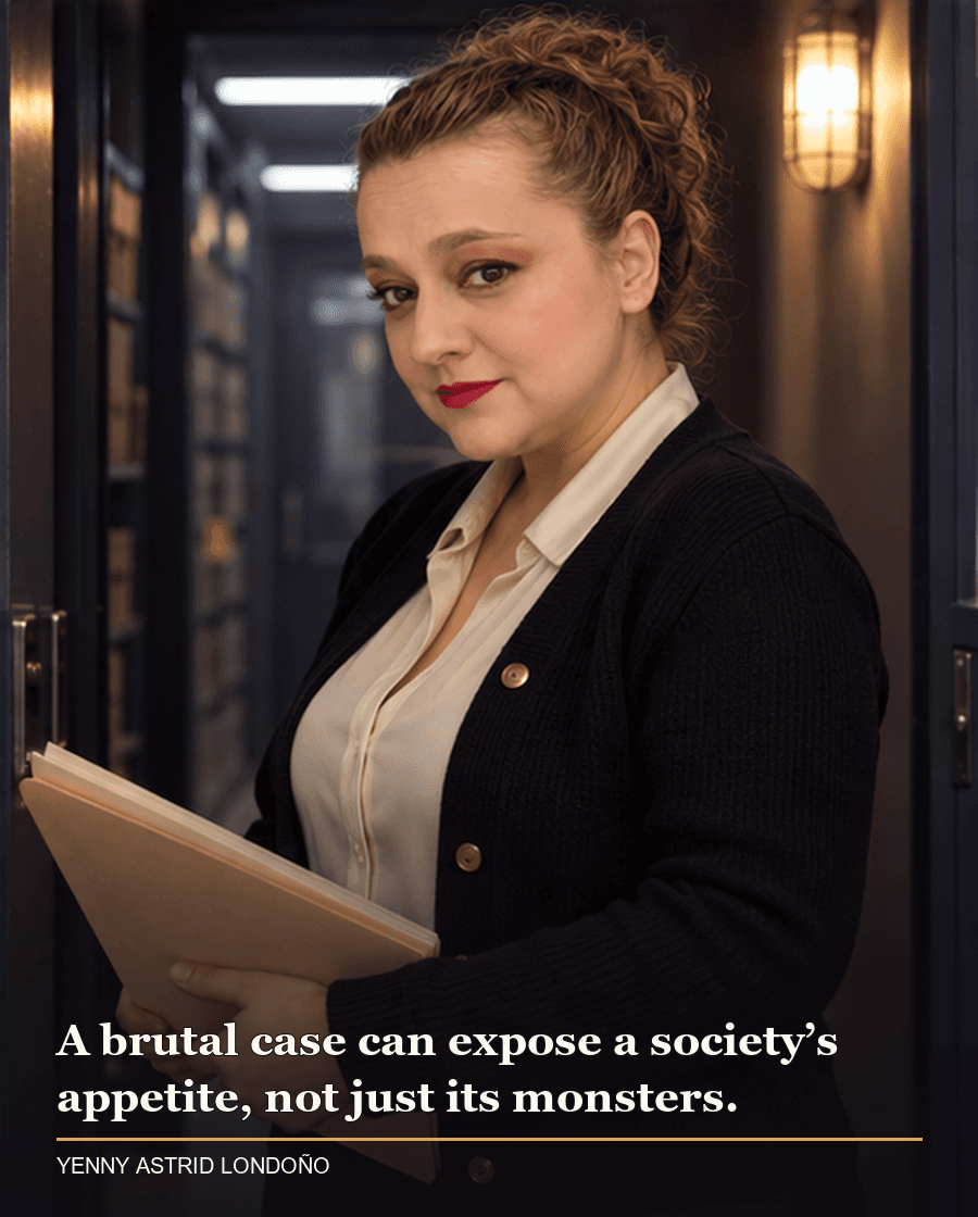 Image from Yenny Astrid Londoño’s review of “The Purple Network”. Yenny in a purple-lit archive reviewing case files about online violence and spectatorship. Text: A brutal case can expose a society’s appetite, not just its monsters.