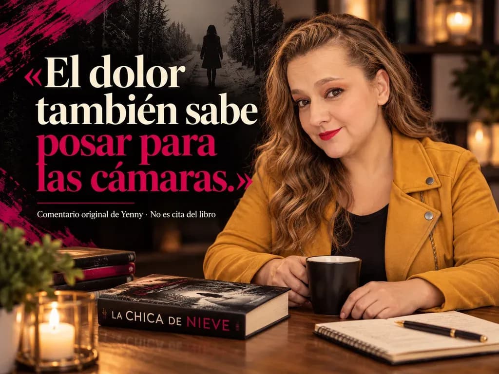 Imagen de la reseña del libro «La chica de nieve», escrita por Yenny Astrid Londoño. Ilustración de La chica de nieve, de Javier Castillo, con un texto superpuesto: «El dolor también sabe posar para las cámaras».