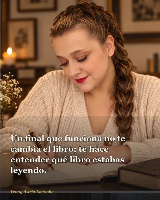 Imagen del artículo «Libros con finales que te dejan pensando días después: siete formas de quedarse contigo», escrito por Yenny Astrid Londoño. Yenny subraya una pista en un libro abierto y compara notas de dos capítulos anteriores.