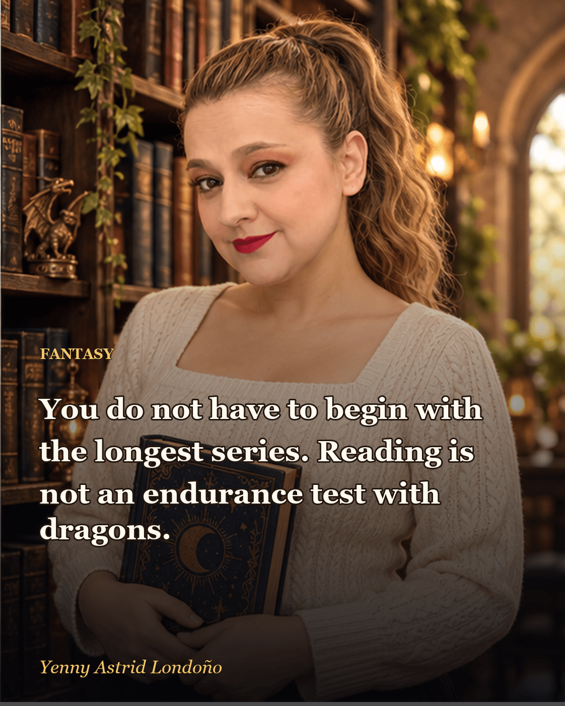Image from “Best Fantasy Series for Beginners: Seven Doors and No Literary Customs Office,” written by Yenny Astrid Londoño. Yenny in a light sweater holding a fantasy novel in a bookshop.